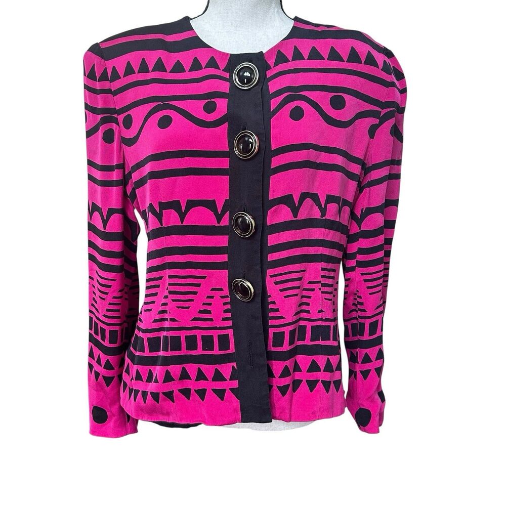 Vintage Rickie Freeman for Teri Jon Silk Blazer Jacket Magenta Black Geometric